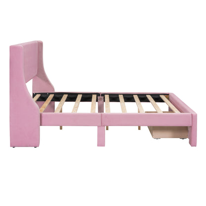 Renni Full Size Velvet Platform Bed Frame with Drawer - Pink