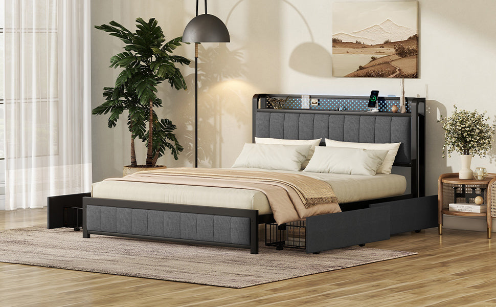 Kie Queen Size Bed Frame with LED - Dark Gray