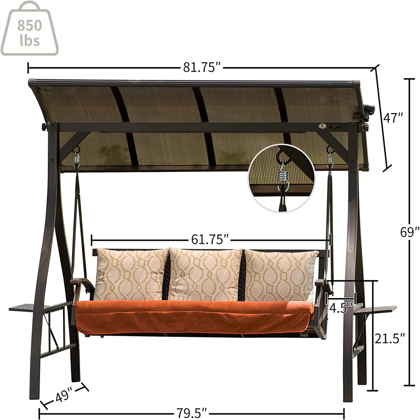 Doss Patio Porch Swing 3 Person Adjustable Canopy with Solar LED Light