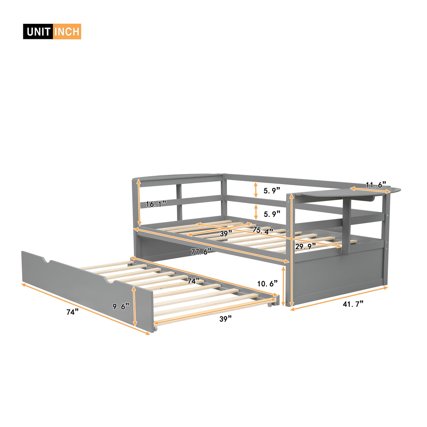 Tumo Twin Size Daybed with Trundle and Foldable Shelves - Gray