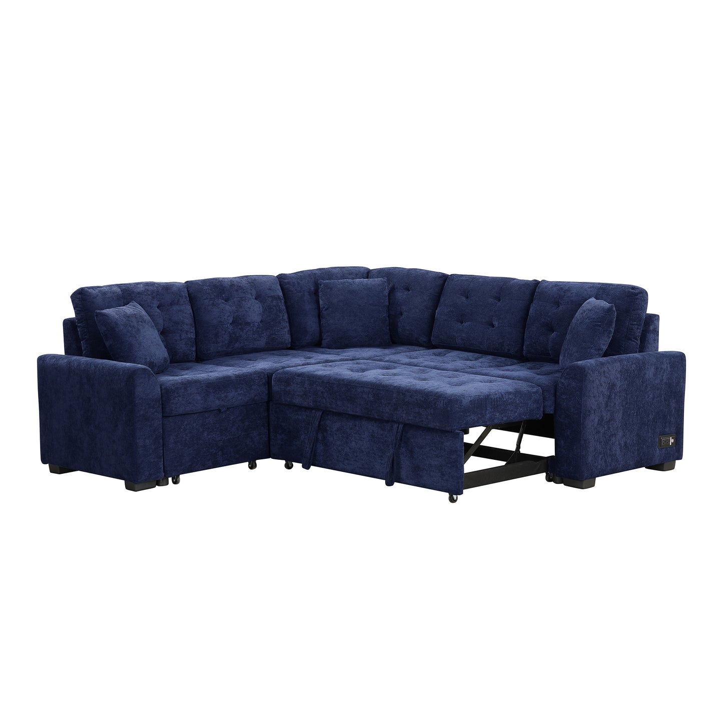 Novak L-shape Sofa Bed Pull-out Sleeper Sofa with Wheels - Navy Blue