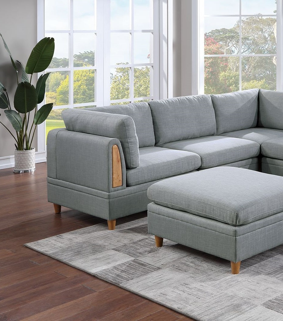 Elena 8pc Sectional Sofa Set  Dorris Fabric Couch 3x Wedges 3x Armless Chair And 2x Ottomans - Light Grey