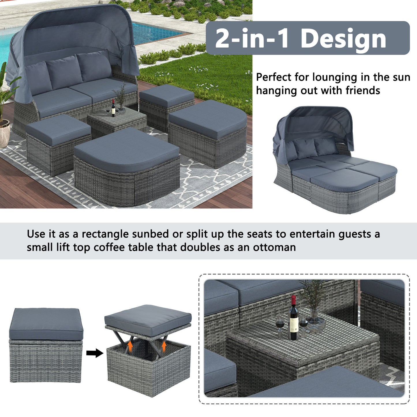 Zella Outdoor Daybed with Retractable Canopy Set - Gray