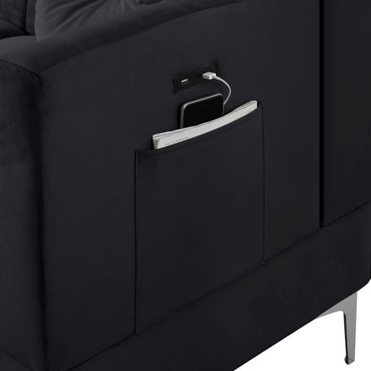 Chloe Velvet Sectional Sofa Chaise with USB Charging Port - Black