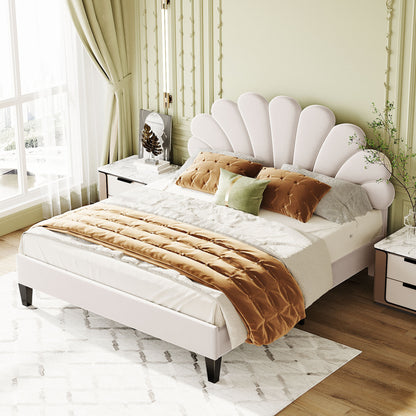 Floral Bliss Queen Size Velvet Platform Bed Frame - Beige