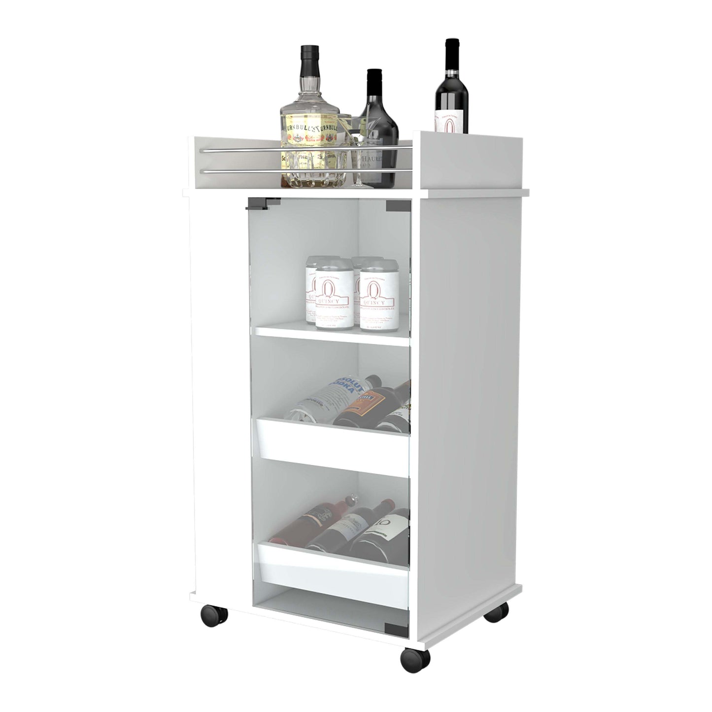 Willow Park Glass Door Bar Cart with Bottle Holder and Casters - White