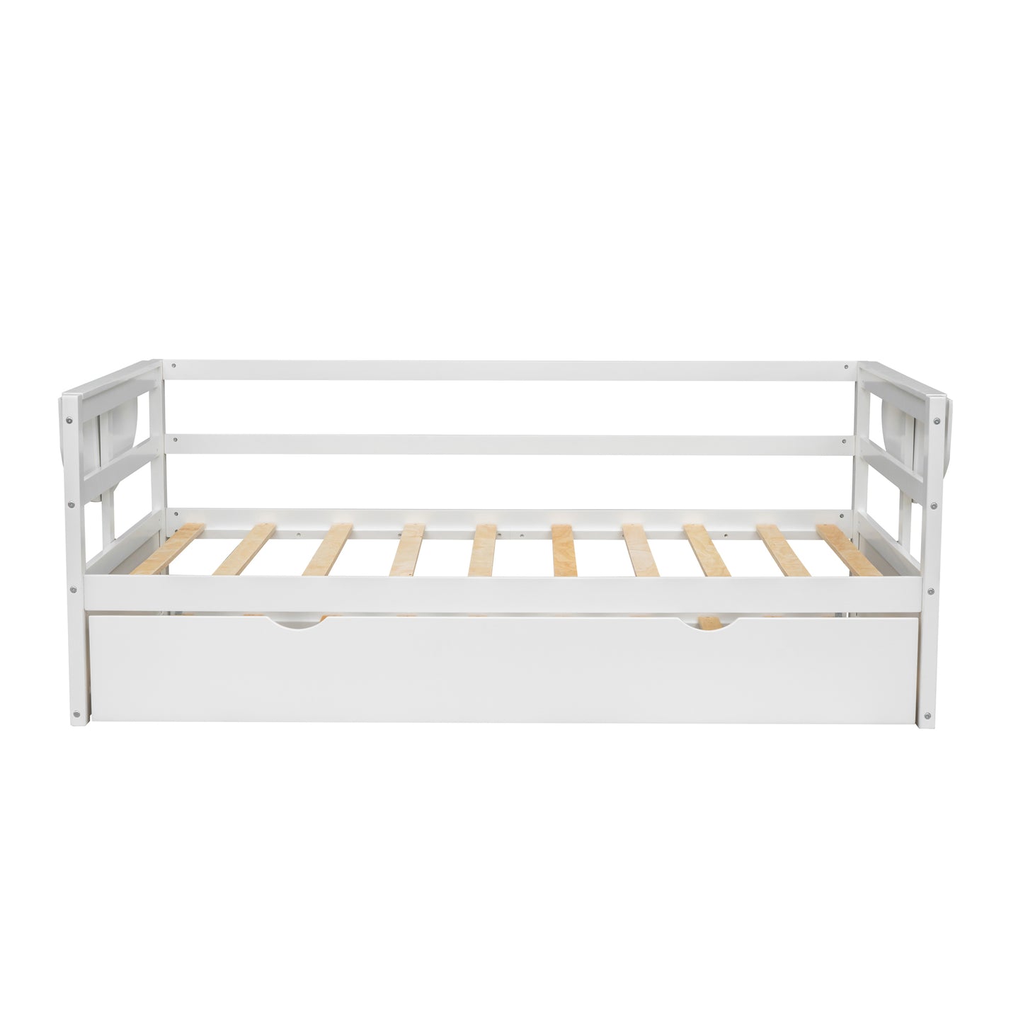 Tumo Twin Size Daybed with Trundle and Foldable Shelves - White