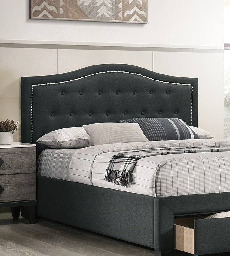 Imani Queen Size Bed w Drawer Button Tufted - Charcoal