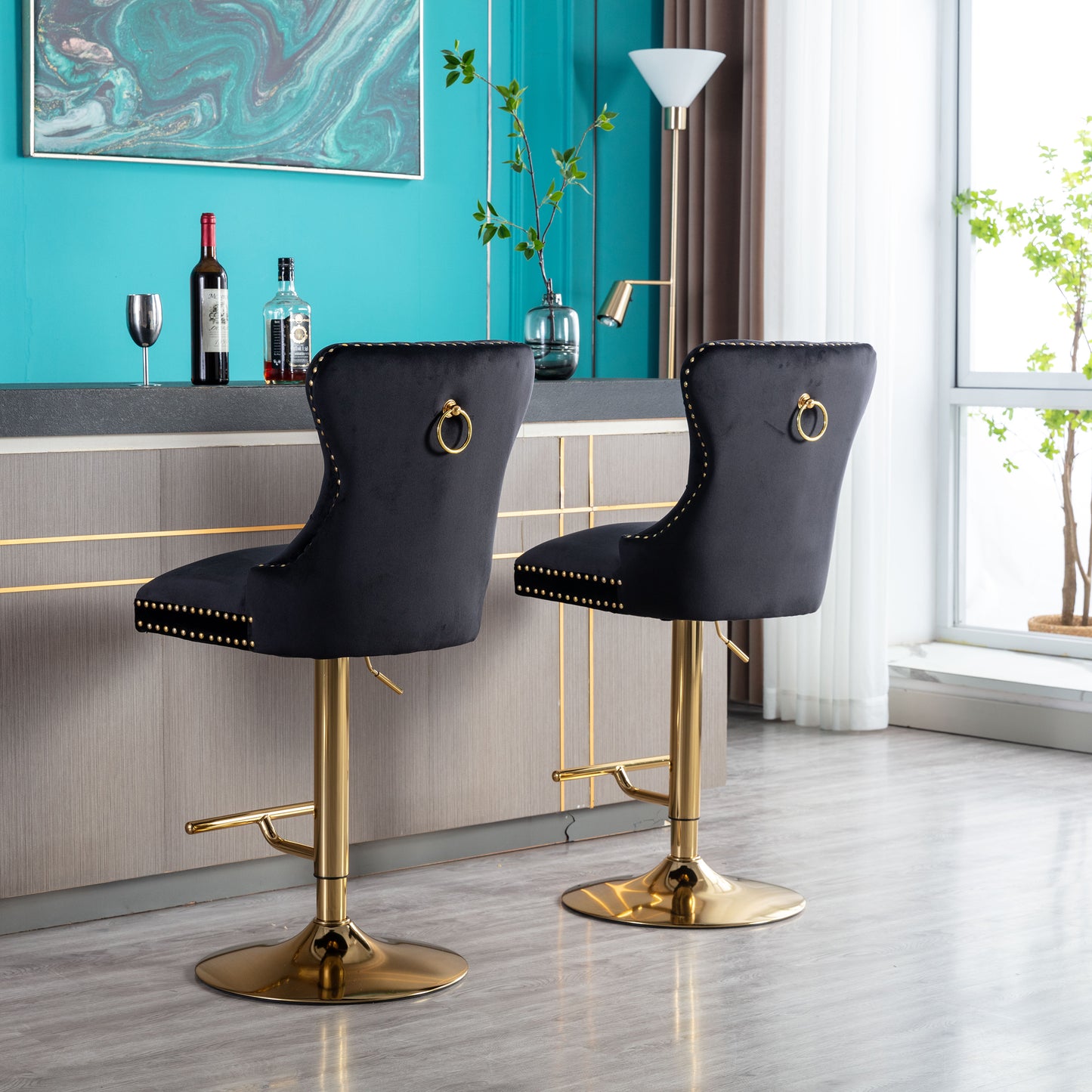 Amias Velvet Counter Height Bar Stools with Tufted  - Black Set of 2