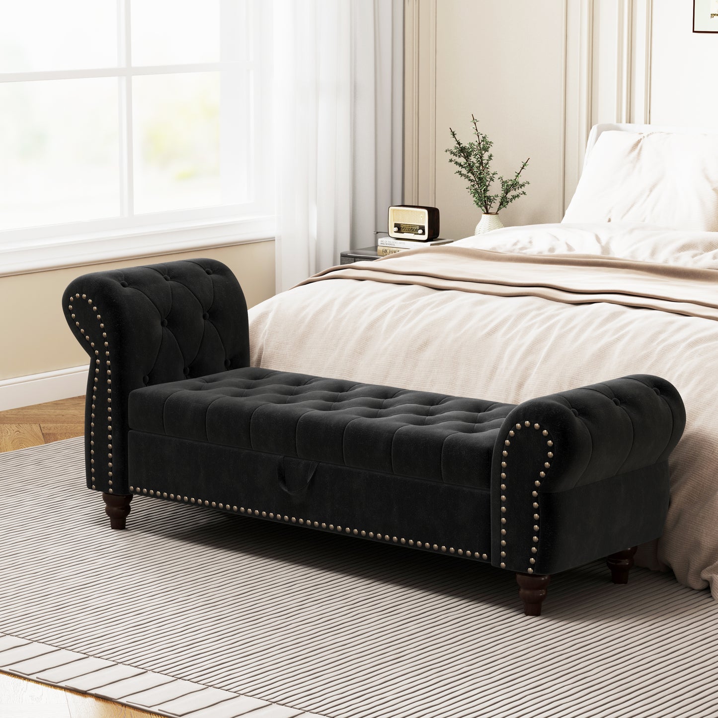 Milo Velvet Storage Ottoman Bench - Black