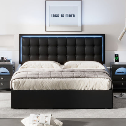 Fenix Queen Size Tufted Platform Bed w Hydraulic Storage -Black