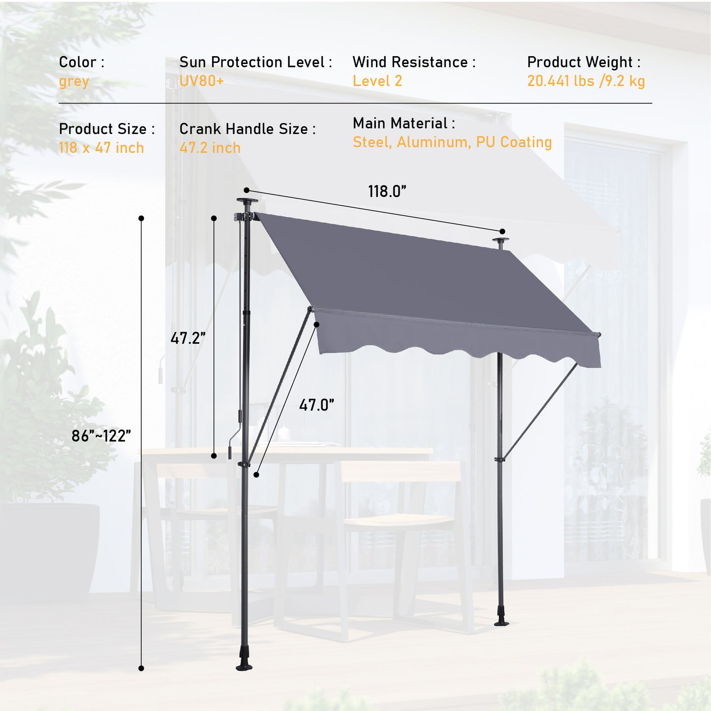 Vilma 118'' Manual Retractable Awning - Grey