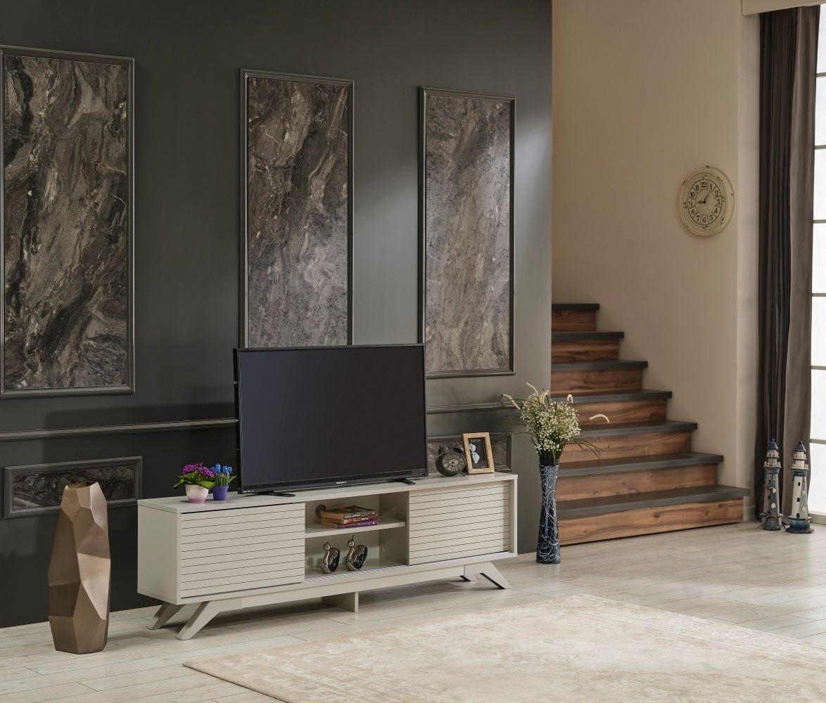 Luxia Mid Century Modern TV Stand 2 Sliding Door- Grey