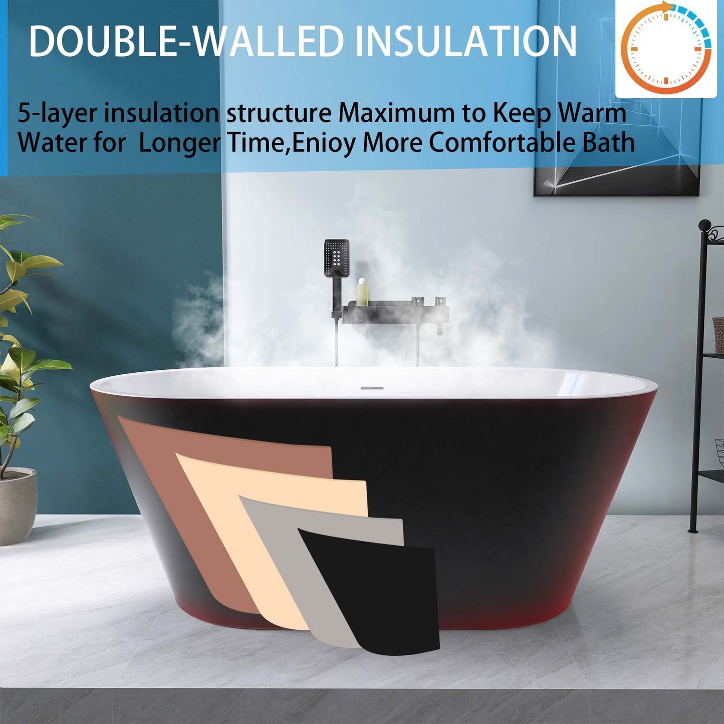 Madison 59" Minimalist  Acrylic Freestanding Soaking Bathtub  -  Matte Black