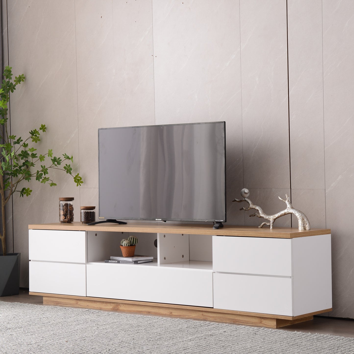 Dena Modern TV stand with Door Rebound Device - White+Natural