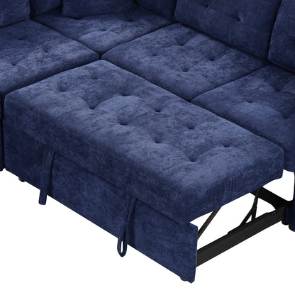 Novak L-shape Sofa Bed Pull-out Sleeper Sofa with Wheels - Navy Blue