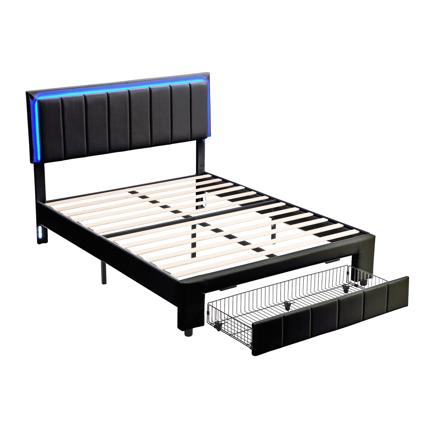 Nex Queen Size Platform Bed w Motion Activated Night Lights - Black