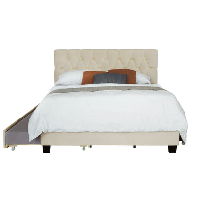 Ella Queen Size Metal Platform Bed Frame with Trundle - Beige