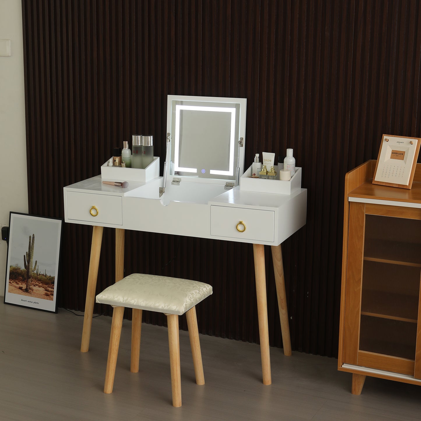 Toya II Vanity Desk Set with LED Lighted Mirror