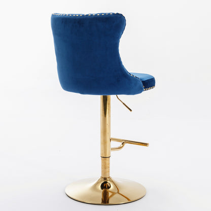 Stellar Golden Swivel Velvet Barstools Adjusatble Height - Blue  Set of 2