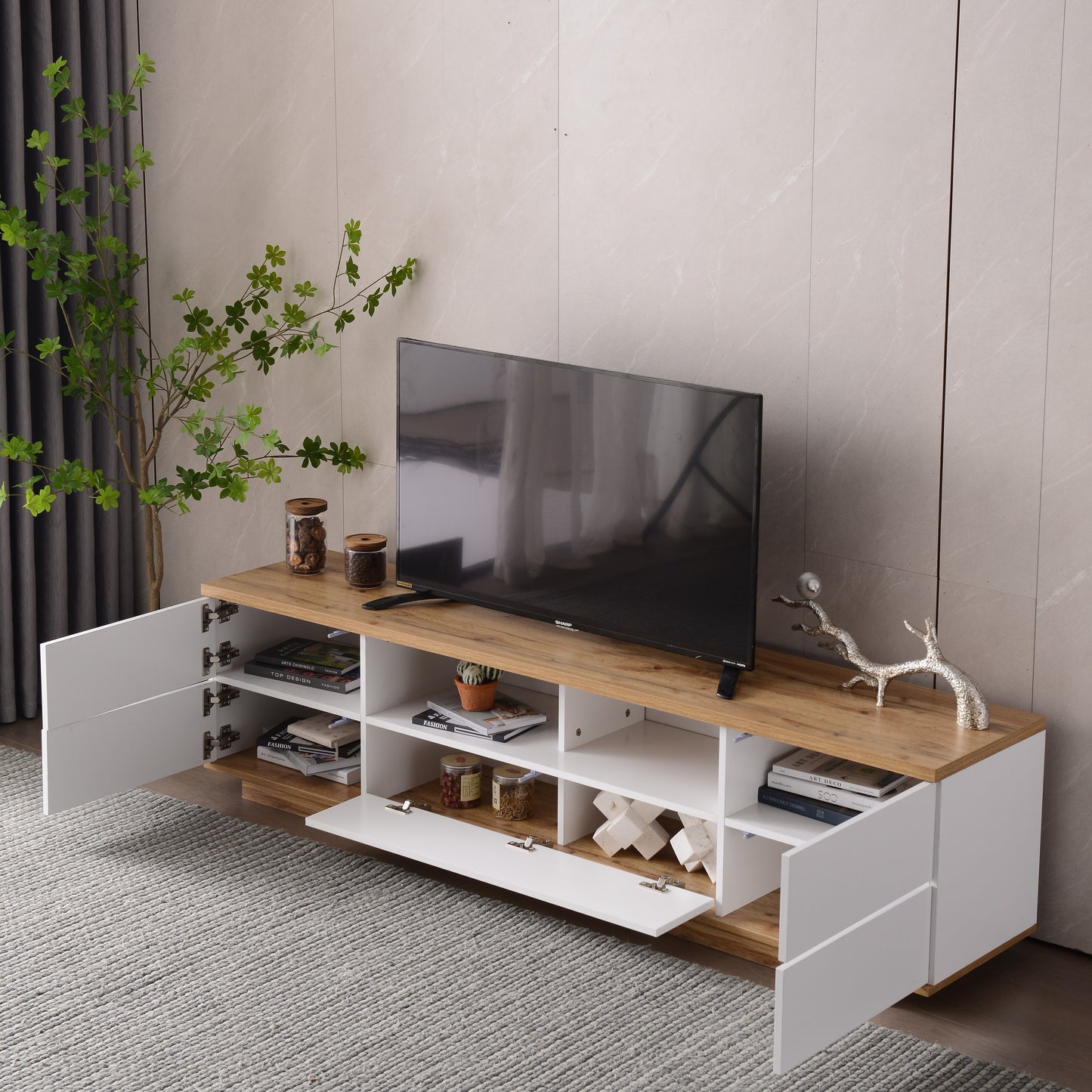 Dena Modern TV stand with Door Rebound Device - White+Natural