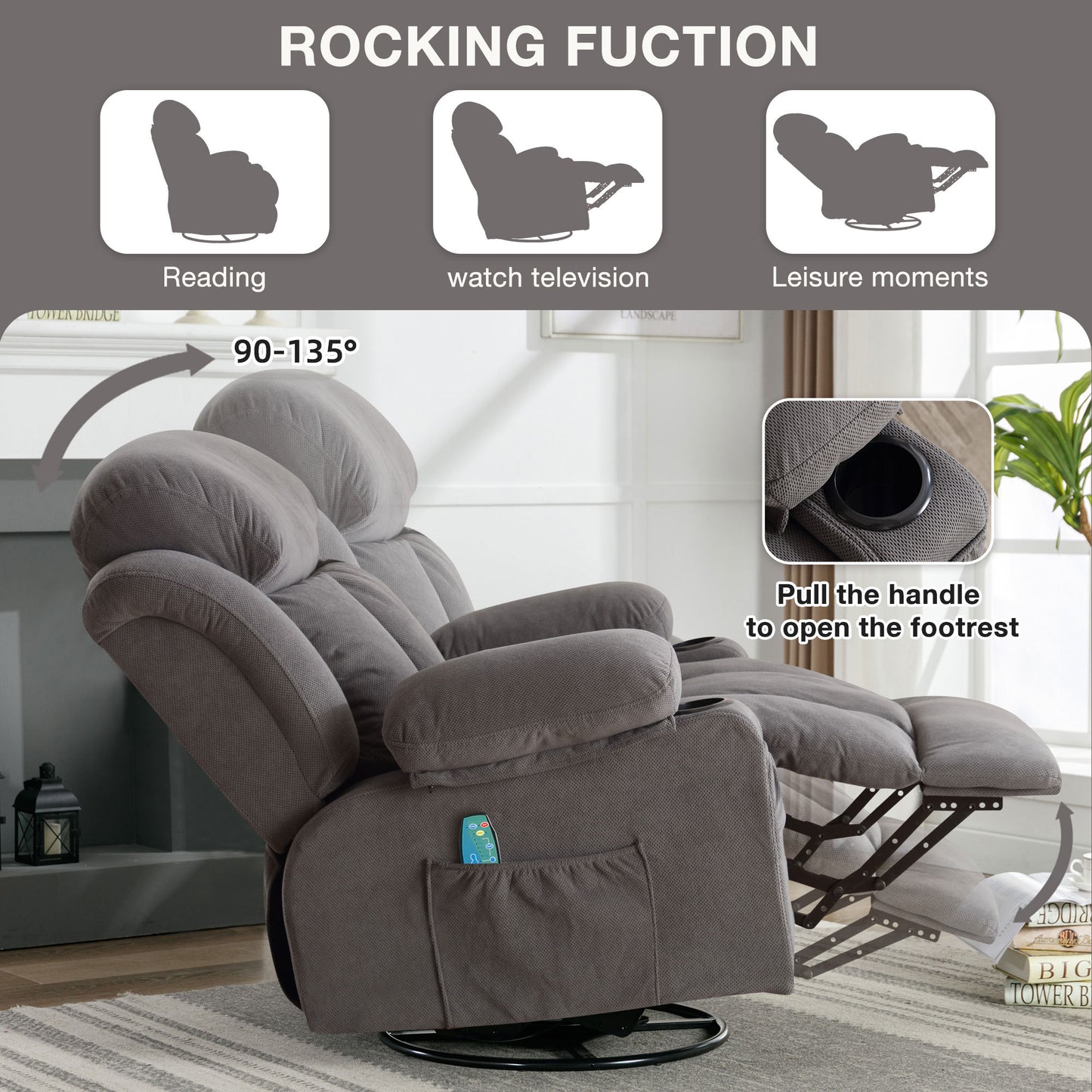 Vanbow Recliner Chair Massage Heating with USB - Gray