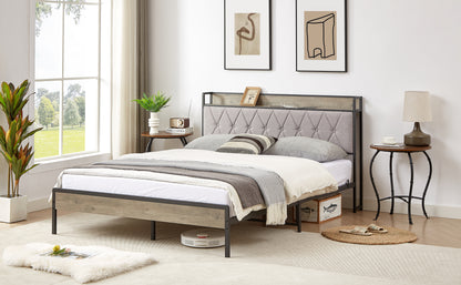 Biony Queen Size Metal Bed Frame W Charging Station - Gray