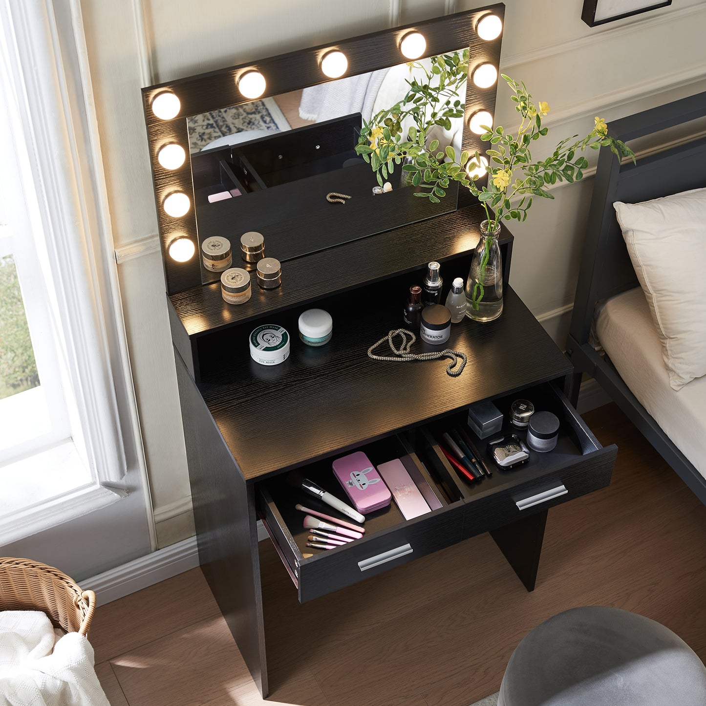 Neve Vanity Desk with Mirror and Lights - Black