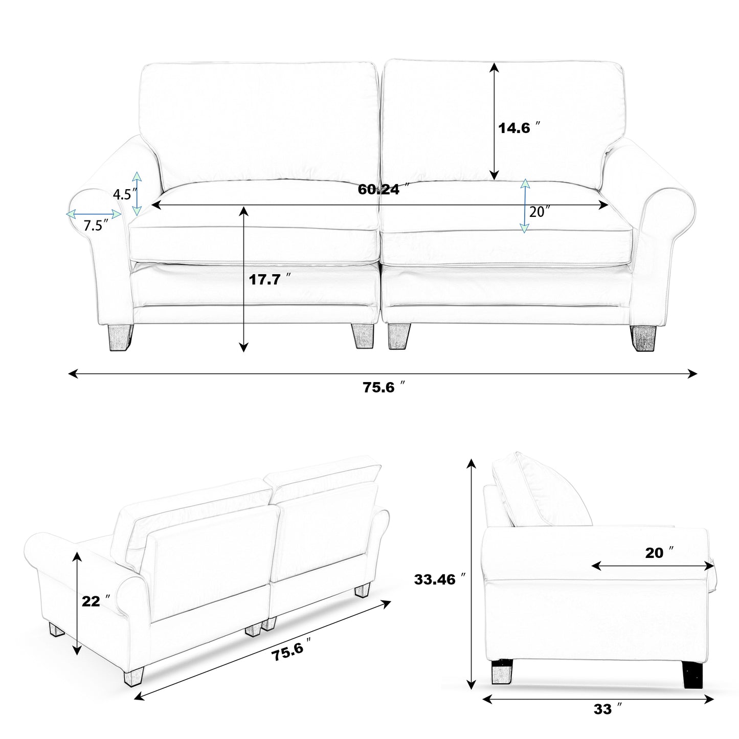 Santana Fabric Rolled Arm Loveseat - Black