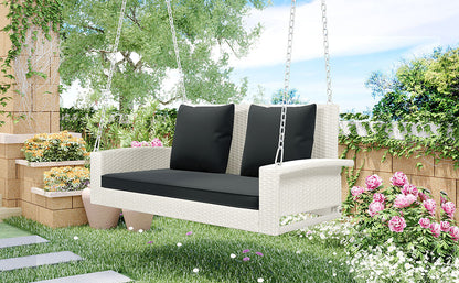 Paz2-Person Wicker Hanging Porch Swing (White Wicker, Gray Cushion)