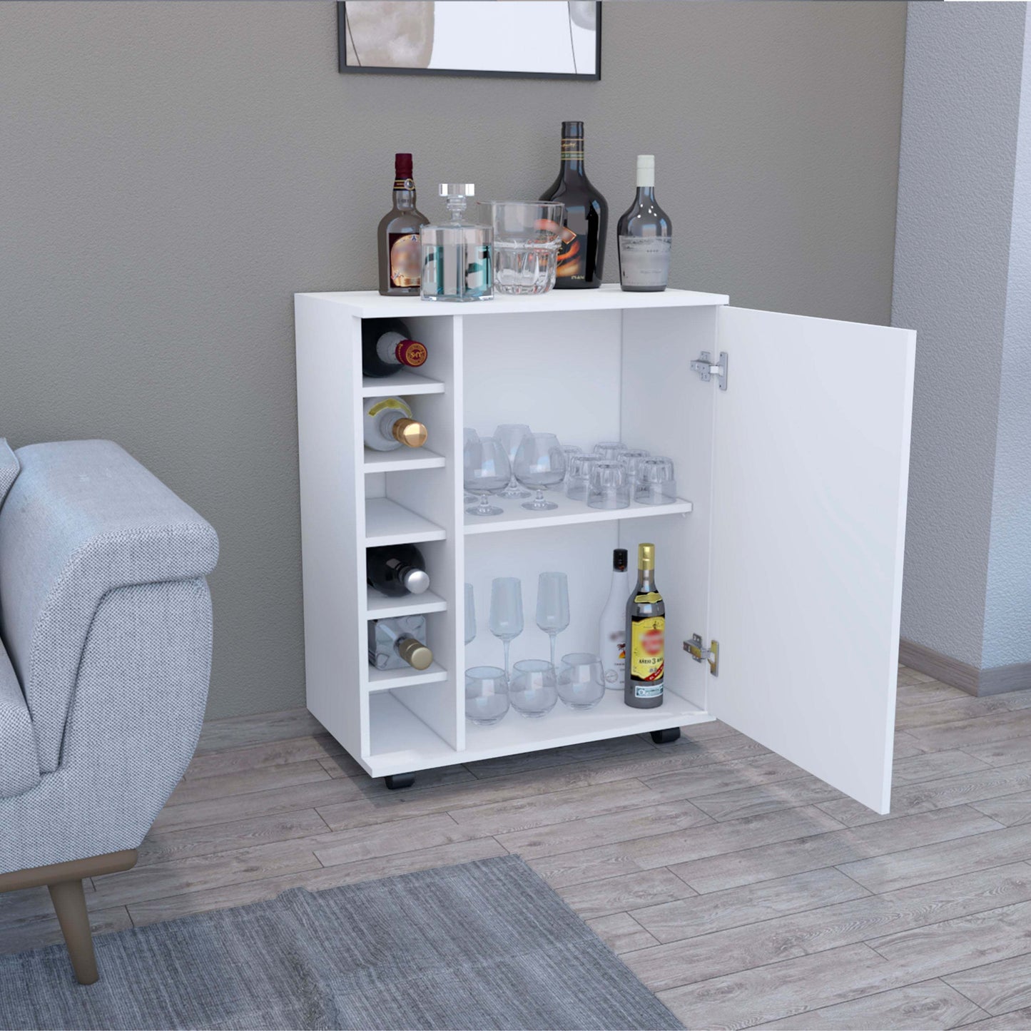 Halina Bar Cabinet With Wheels - White