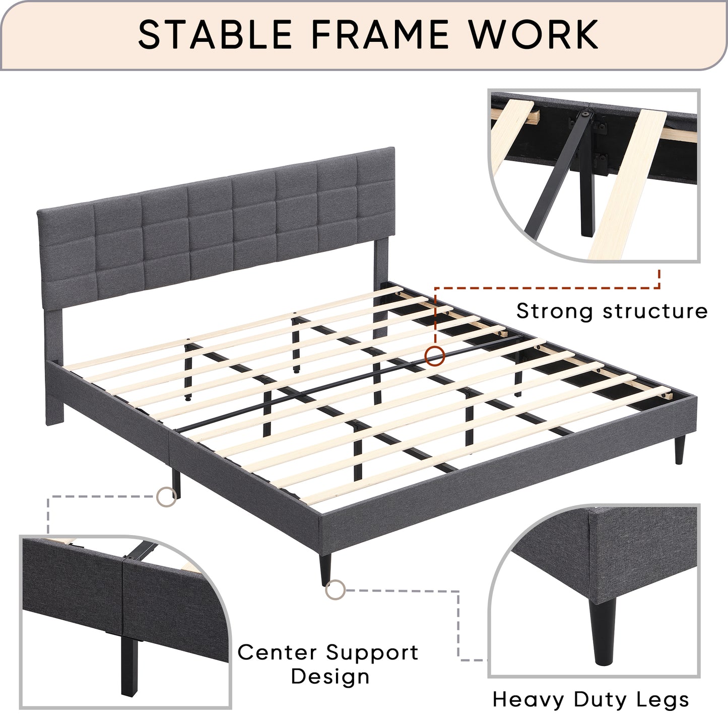 Elegant King Size Platform Bed Frame - Gray