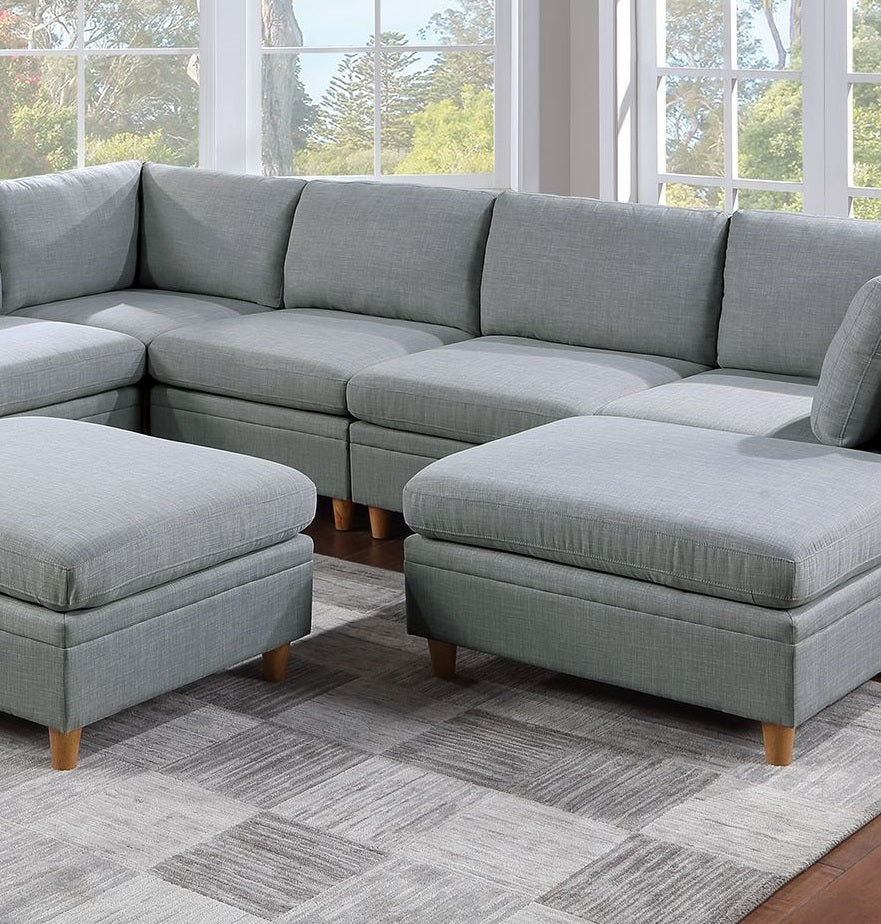 Elena 8pc Sectional Sofa Set  Dorris Fabric Couch 3x Wedges 3x Armless Chair And 2x Ottomans - Light Grey