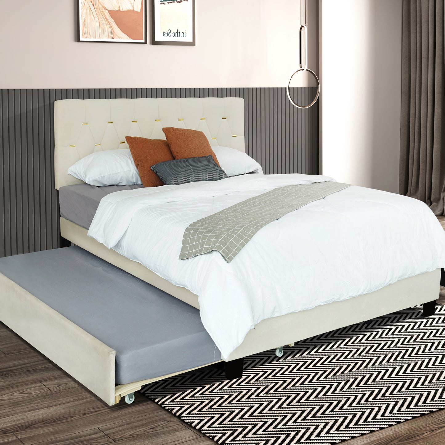 Ella Queen Size Metal Platform Bed Frame with Trundle - Beige