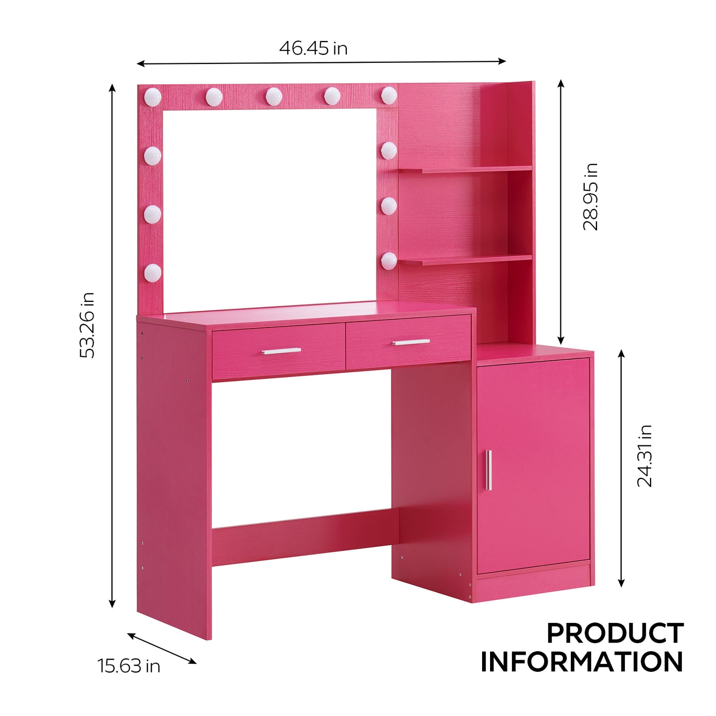 Melanie Vanity Desk with Mirror and Lights - Rose Pink