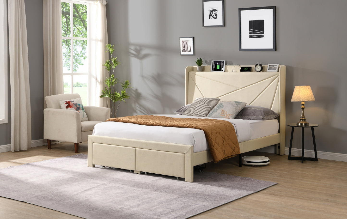 Craven Queen Size Bed Frame with 2 Storage Drawers - Beige