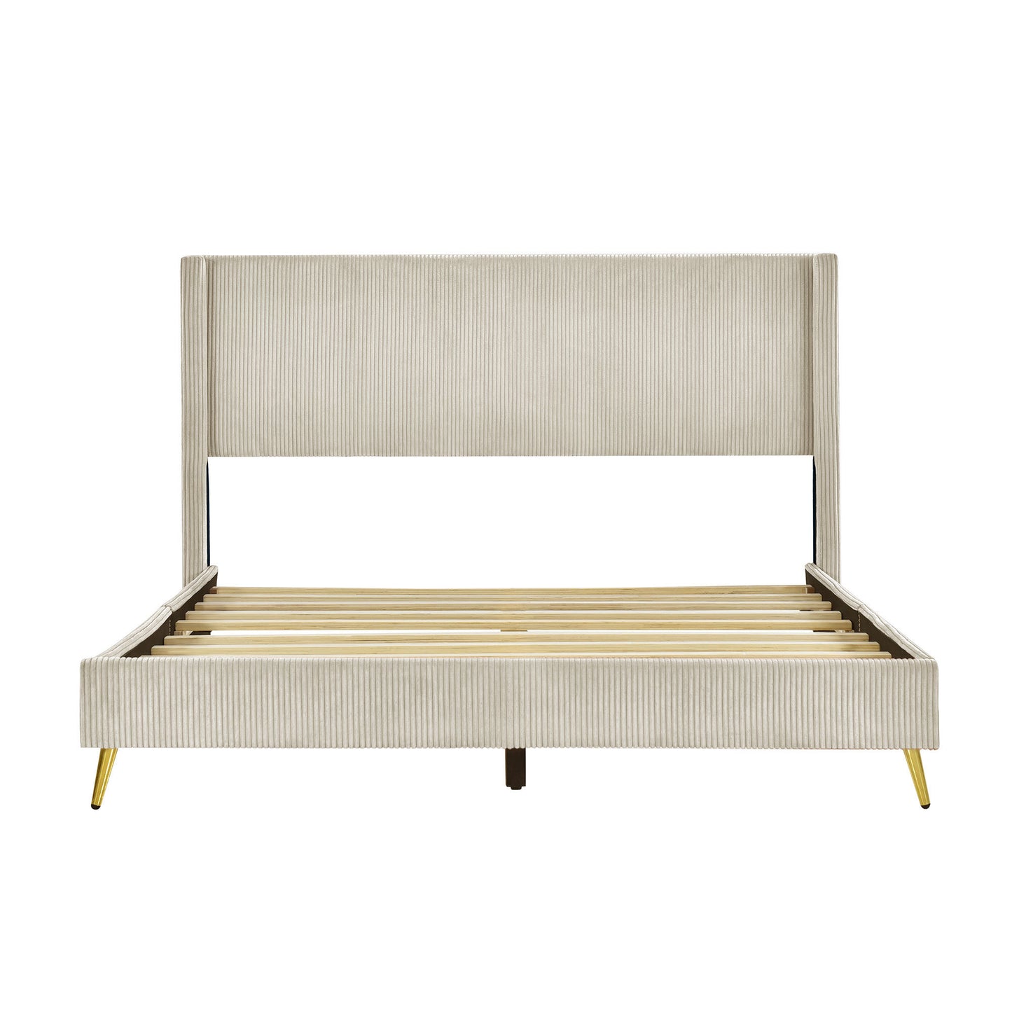 Queen Size Corduroy Platform Bed with Metal Legs - Beige