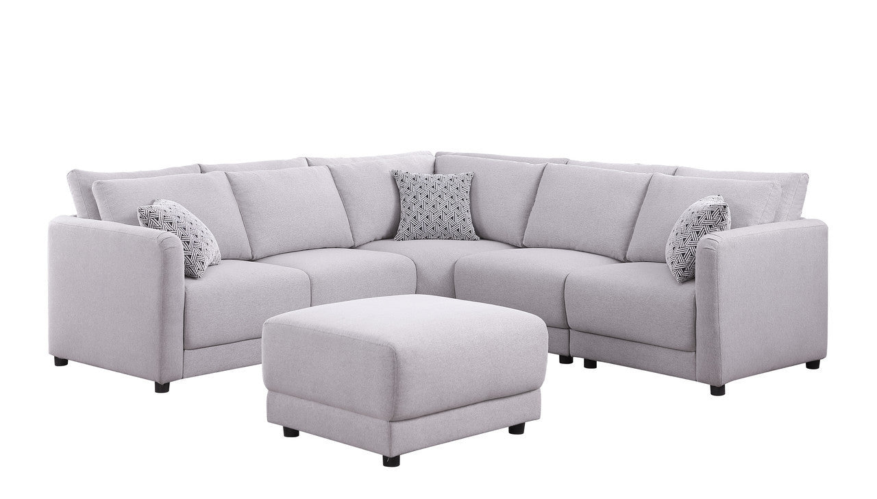 Penelope Linen Fabric Reversible L-Shape Sectional Sofa with Ottoman and Pillows -  Light Gray