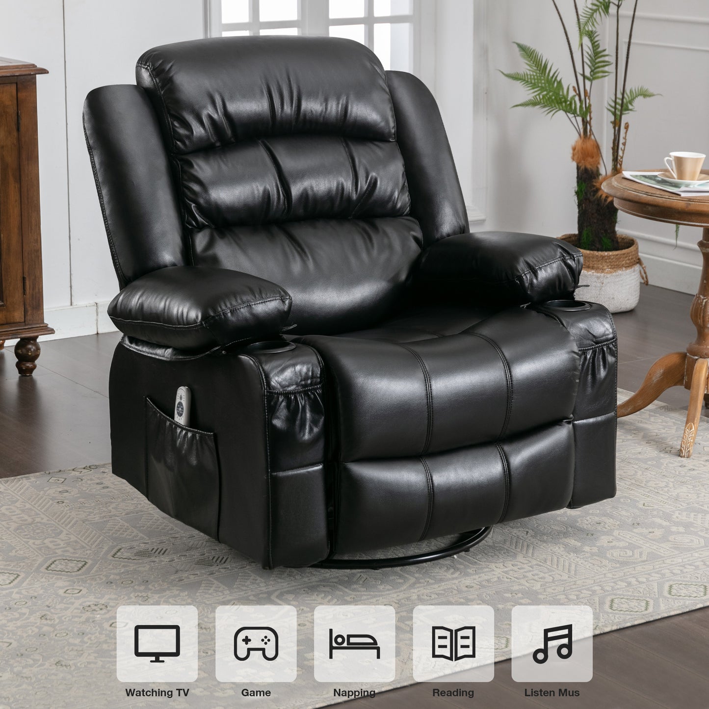 Float Massage Swivel Rocker Recliner Chair - Black