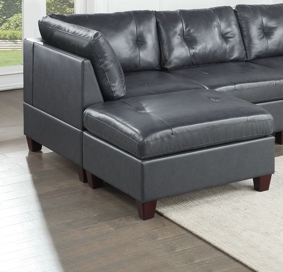 Nia Genuine Leather Tufted 6pc Sectional Set 2x Corner Wedge 2x Armless Chair 2x Ottomans - Black