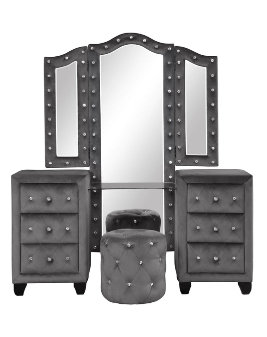 Selina Velvet 6-Drawer Makeup Vanity Set - Gray