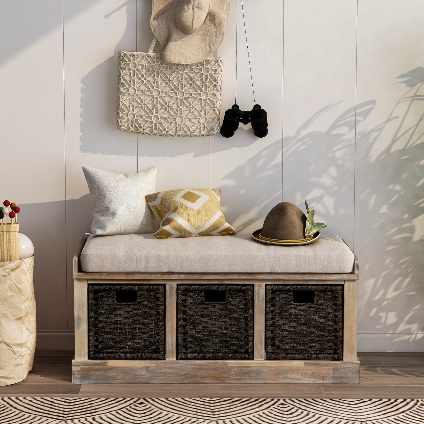 Bella Storage Bench with 3 Removable Classic Rattan Basket - White Washed