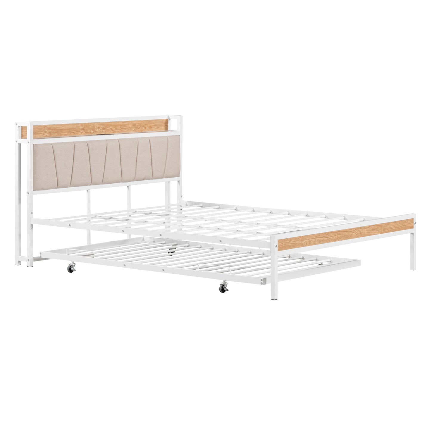 Quest Queen Size Metal Platform Bed Frame with Trundle - White