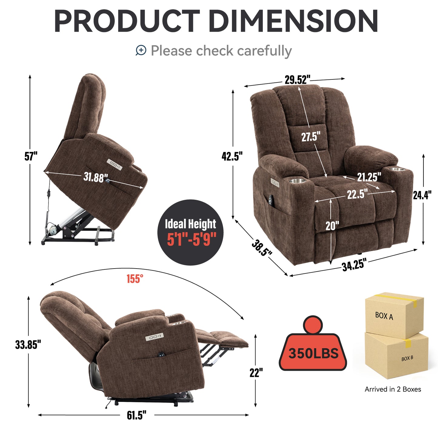 Rico Large Power Lift Recliner Chair with Heat and Massage - Brown