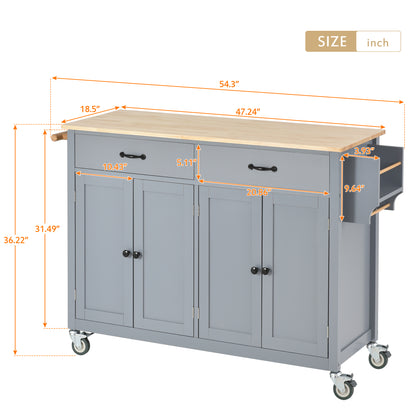 Granite Kitchen Island Cart with Solid Wood Top and Locking Wheels - Grey Blue