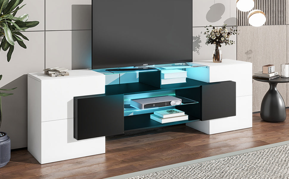 Trax TV Stand with 2 Illuminated Glass Shelves - White+Black