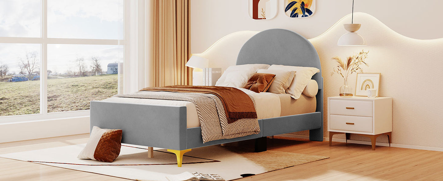 Lynn Twin Size Velvet Platform Bed w Mental Legs - Gray