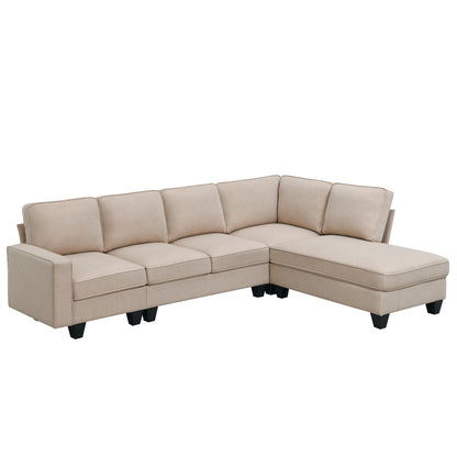 Vortex 7-seat Linen Fabric L-shaped Sectional Sofa - khaki