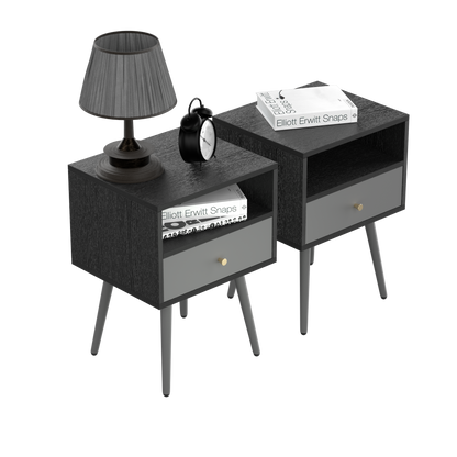 Chic Modern Nightstand with 1 Storage Drawer -  (Set of 2) - Dark Gray