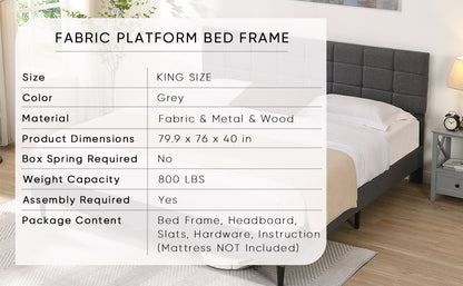 Elegant King Size Platform Bed Frame - Gray